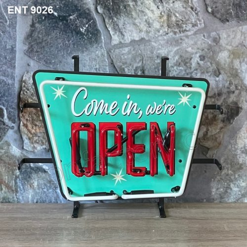 ENT 9026 come in, we’re open green neon sign neonfactory car designs logo fifties Signs USA bar decoration mancave vintage store
